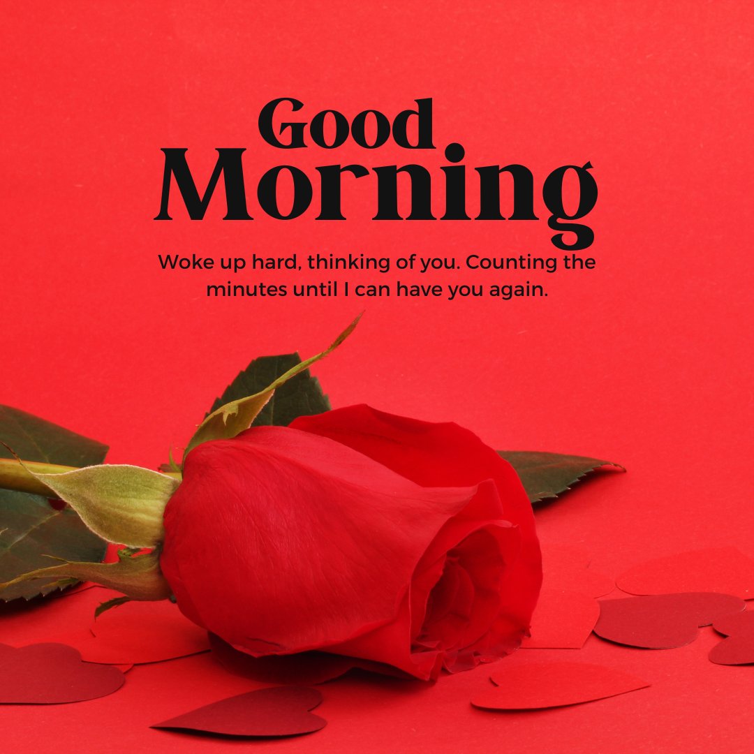 Sexy Good Morning Messages for Girlfriend: A single red rose on a vibrant red background with the provocative message 'Good Morning. Woke up hard, thinking of you. Counting the minutes until I can have you again.'